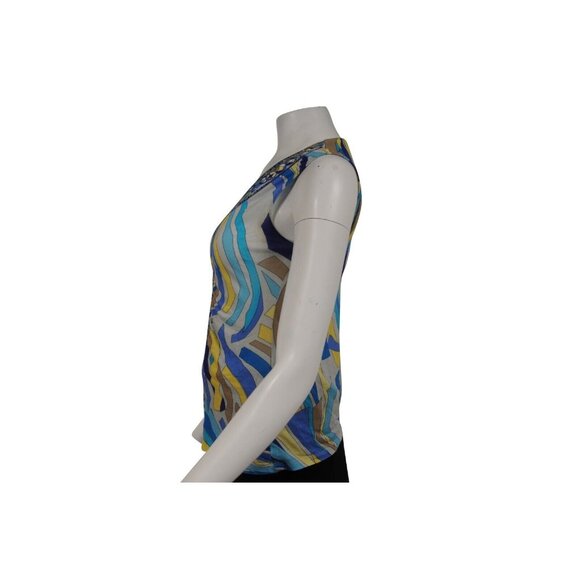 Emilio Pucci Women V Neck Tank Top Blue Yellow Mosaic Viscose Blend Shirt Blouse - Picture 4 of 8